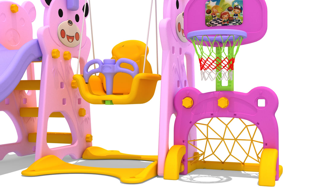 Children's play set with pink and purple slide, swing, and basketball hoop on a white background